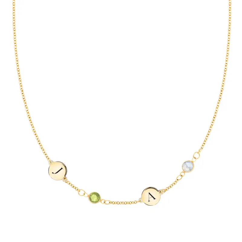 Personalized Classic 2 Letter & 2 Birthstone Necklace in 14k Gold (Single Spacing) sold by Haverhill