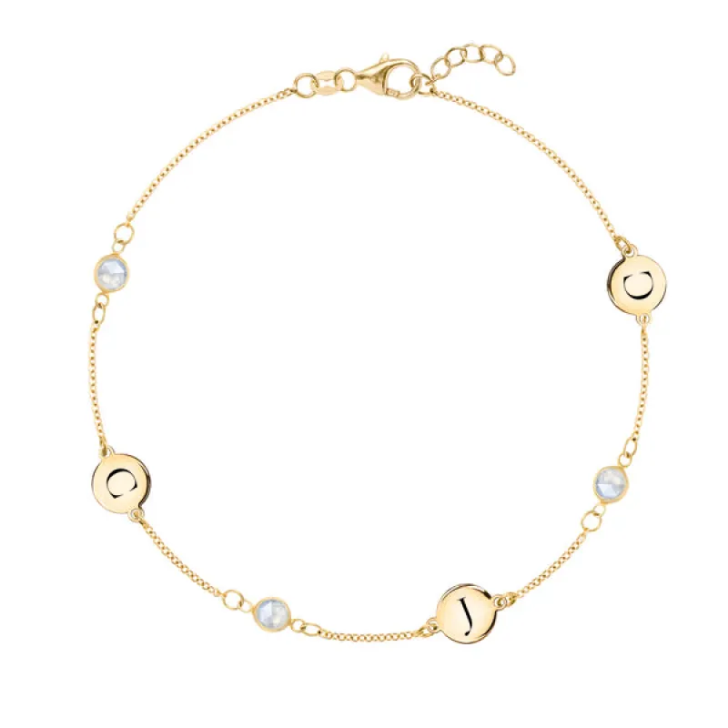 Personalized Classic 3 Letter & 3 Birthstone Bracelet in 14k Gold sold by Haverhill