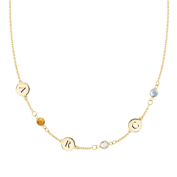 Personalized Classic 3 Letter & 3 Birthstone Necklace in 14k Gold (Single Spacing) sold by Haverhill