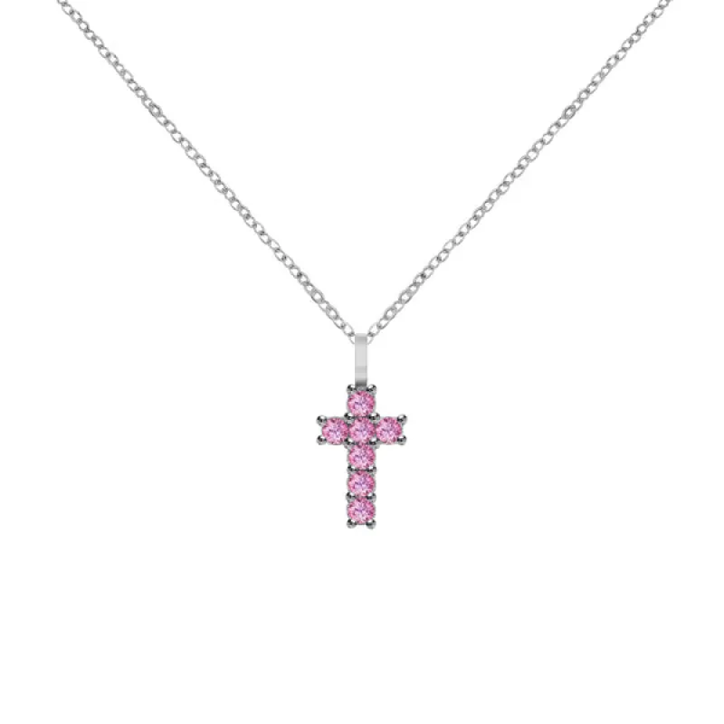 Rosecliff Small Cross Pink Sapphire Pendant in 14k Gold (October) sold by Haverhill
