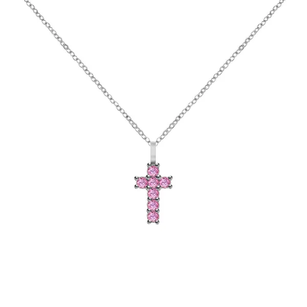 Rosecliff Small Cross Pink Sapphire Pendant in 14k Gold (October) sold by Haverhill