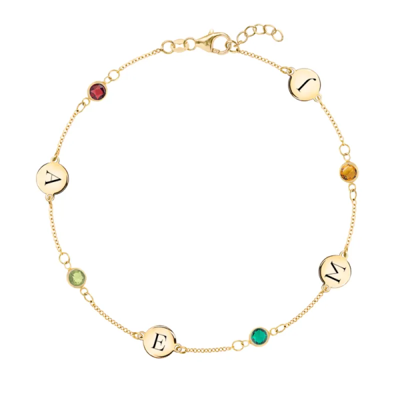 Personalized Classic 4 Letter & 4 Birthstone Bracelet in 14k Gold sold by Haverhill