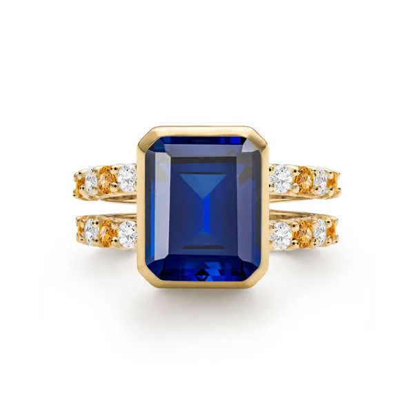 Personalized Warren Vertical Birthstone Ring with Accent Stones in 14k Gold sold by Haverhill