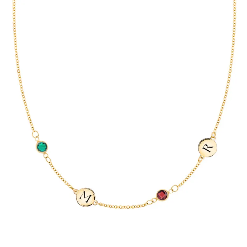 Personalized Classic 2 Letter & 2 Birthstone Necklace in 14k Gold (Double Spacing) sold by Haverhill