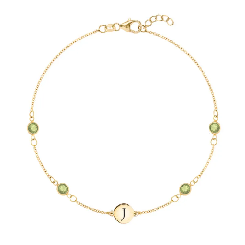 Personalized Classic 1 Letter & 4 Peridot Bracelet in 14k Gold (August) sold by Haverhill