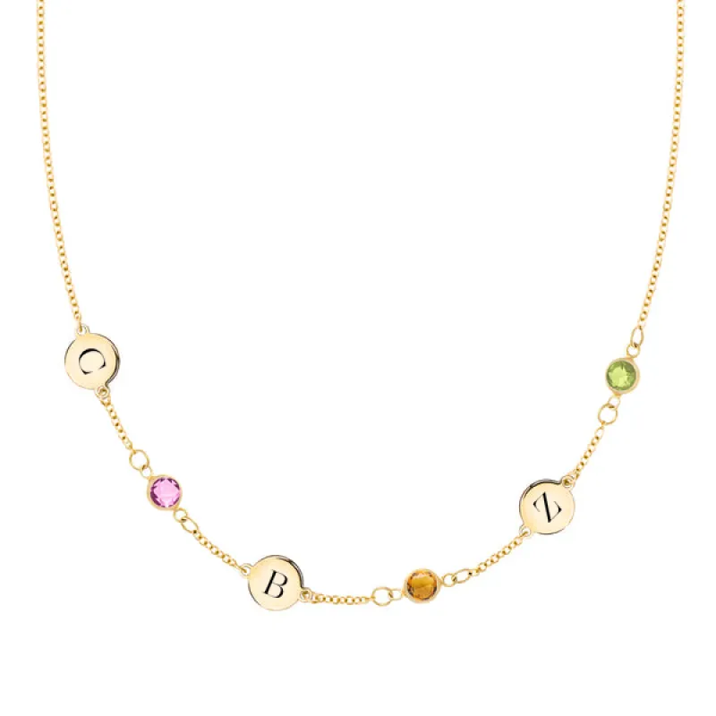 Personalized Classic 3 Letter & 3 Birthstone Necklace in 14k Gold (Single Spacing) sold by Haverhill