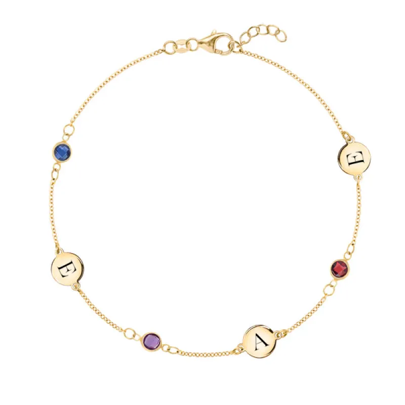 Personalized Classic 3 Letter & 3 Birthstone Bracelet in 14k Gold sold by Haverhill