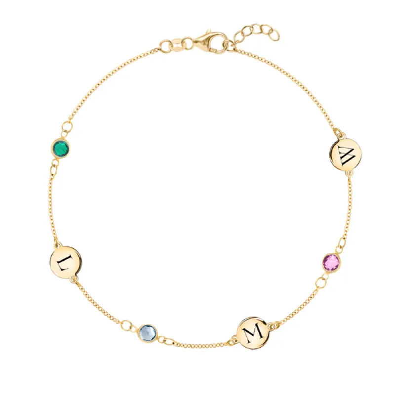 Personalized Classic 3 Letter & 3 Birthstone Bracelet in 14k Gold sold by Haverhill