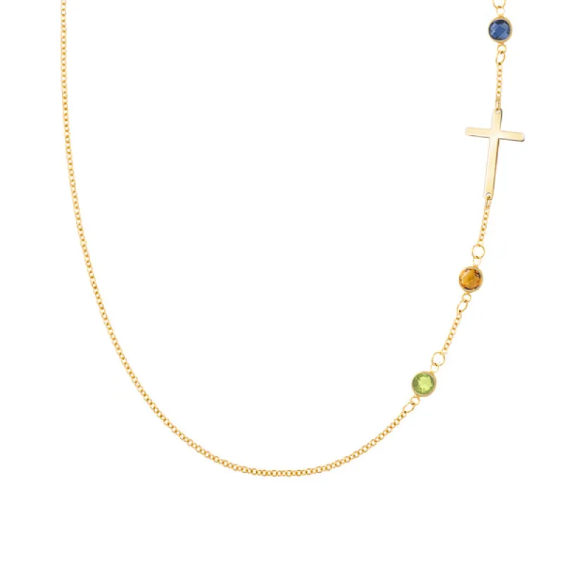 Personalized Classic Cross & 3 Birthstone Necklace in 14k Gold sold by Haverhill