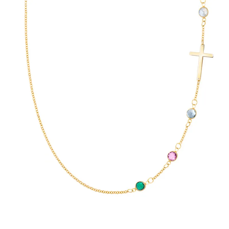 Personalized Classic Cross & 4 Birthstone Necklace in 14k Gold sold by Haverhill