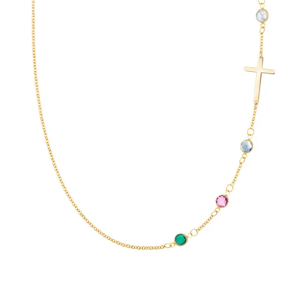 Personalized Classic Cross & 4 Birthstone Necklace in 14k Gold sold by Haverhill