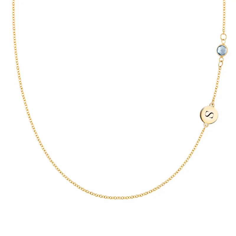 Personalized Classic 1 Letter & 1 Aquamarine Necklace in 14k Gold (March) sold by Haverhill