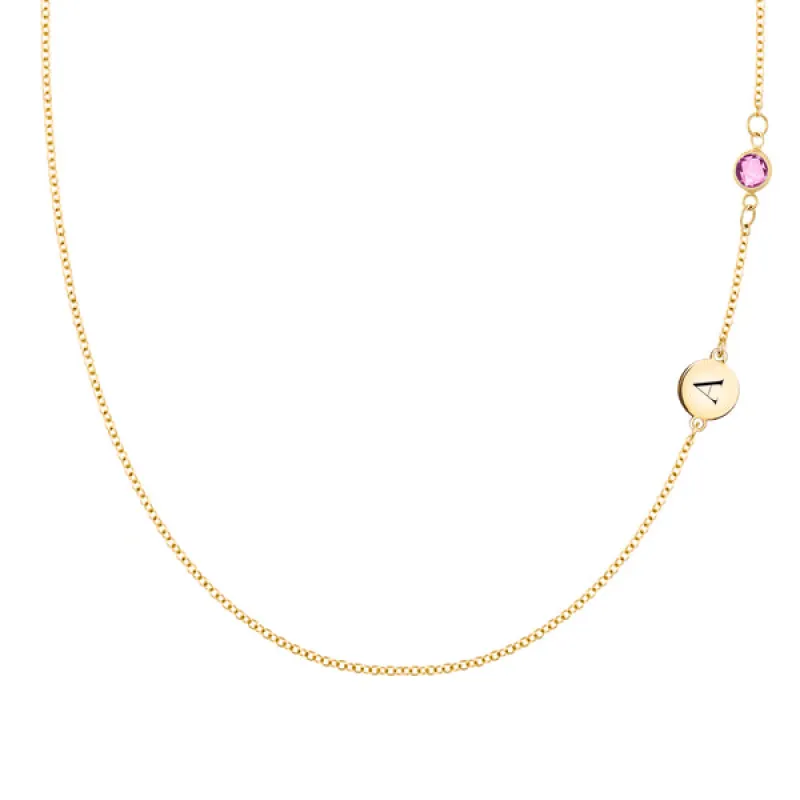 Personalized Classic 1 Letter & 1 Pink Sapphire Necklace in 14k Gold (October) sold by Haverhill