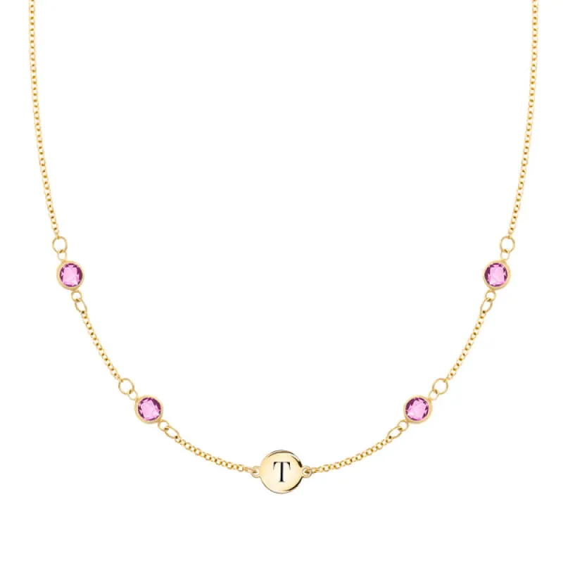 Personalized Classic 1 Letter & 4 Pink Sapphire Necklace in 14k Gold (October) sold by Haverhill