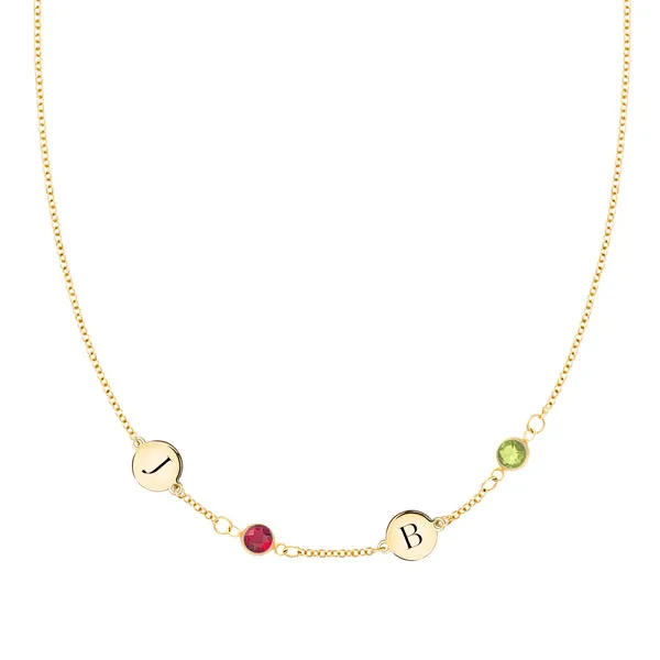 Personalized Classic 2 Letter & 2 Birthstone Necklace in 14k Gold (Single Spacing) sold by Haverhill