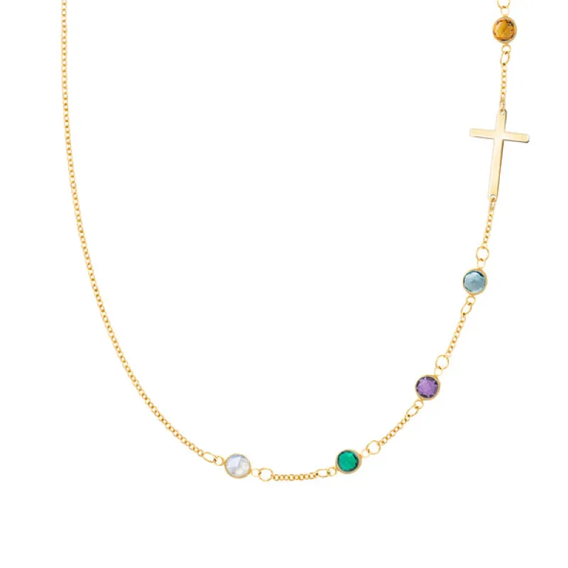 Personalized Classic Cross & 5 Birthstone Necklace in 14k Gold sold by Haverhill
