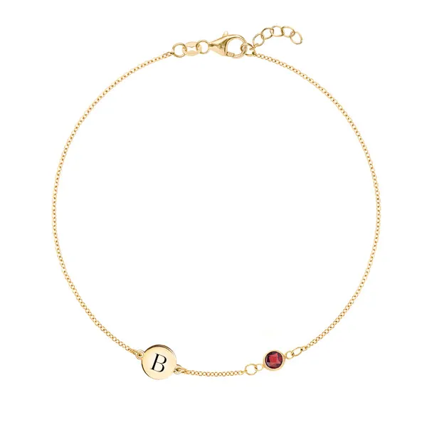 Personalized Classic 1 Letter & 1 Garnet Bracelet in 14k Gold (January) sold by Haverhill