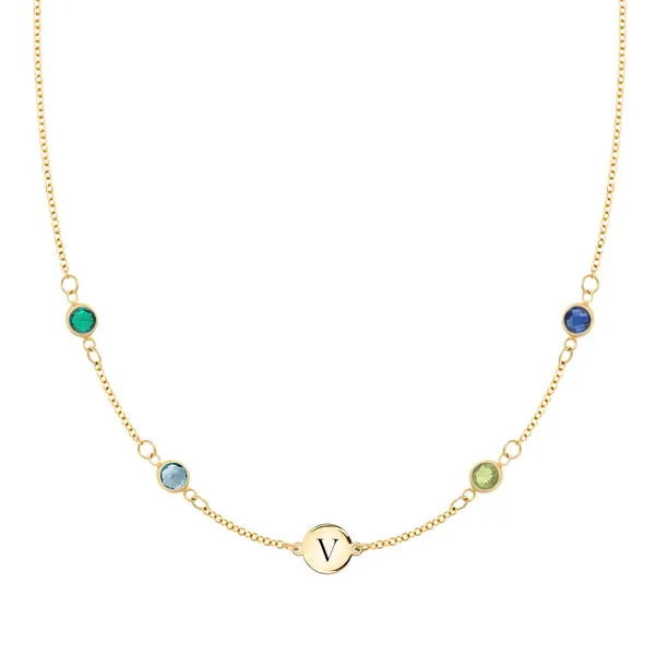 Personalized Classic 1 Letter & 4 Birthstone Necklace in 14k Gold (Double Spacing) sold by Haverhill