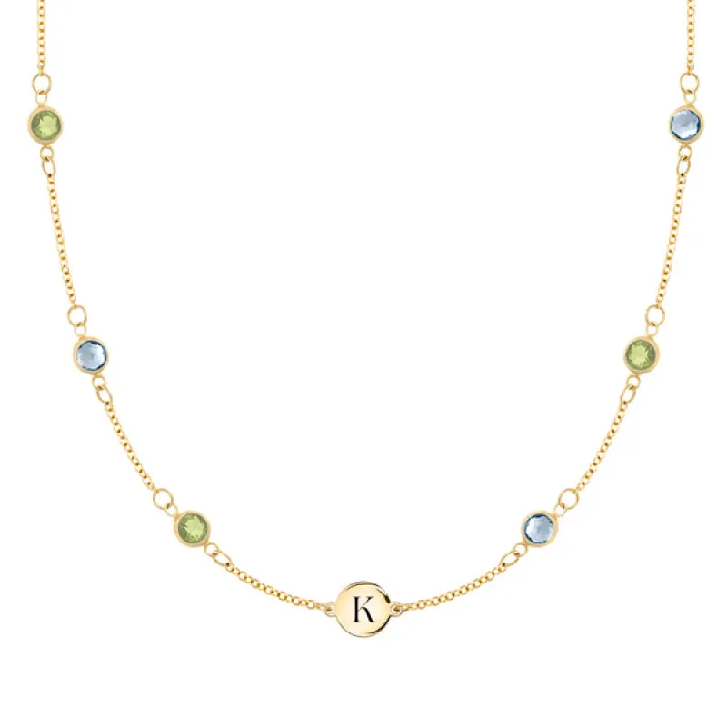 Personalized Classic 1 Letter & 6 Birthstone Necklace in 14k Gold (Double Spacing) sold by Haverhill
