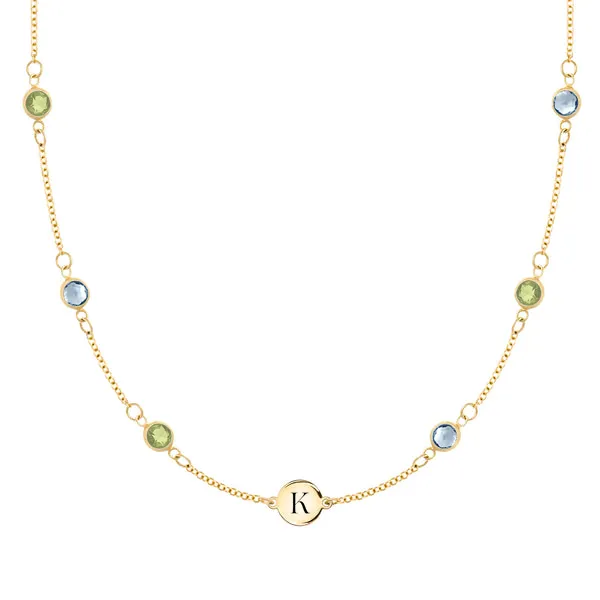 Personalized Classic 1 Letter & 6 Birthstone Necklace in 14k Gold (Double Spacing) sold by Haverhill