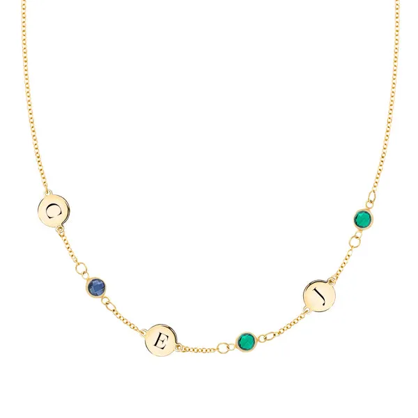 Personalized Classic 3 Letter & 3 Birthstone Necklace in 14k Gold (Single Spacing) sold by Haverhill