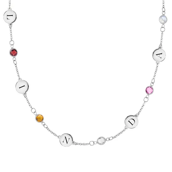 Personalized Classic 5 Letter & 5 Birthstone Necklace in 14k Gold (Single Spacing) sold by Haverhill