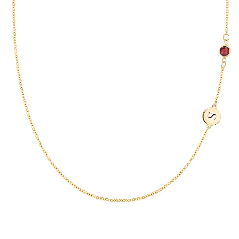 Personalized Classic 1 Letter & 1 Garnet Necklace in 14k Gold (January) made by Haverhill