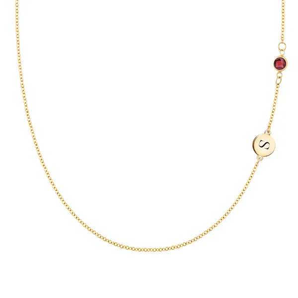 Personalized Classic 1 Letter & 1 Garnet Necklace in 14k Gold (January) sold by Haverhill