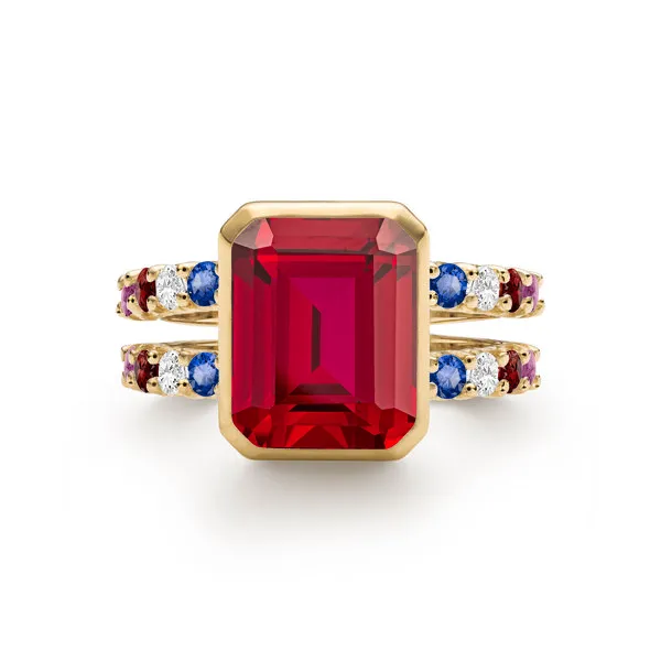 Personalized Warren Vertical Birthstone Ring with Accent Stones in 14k Gold sold by Haverhill