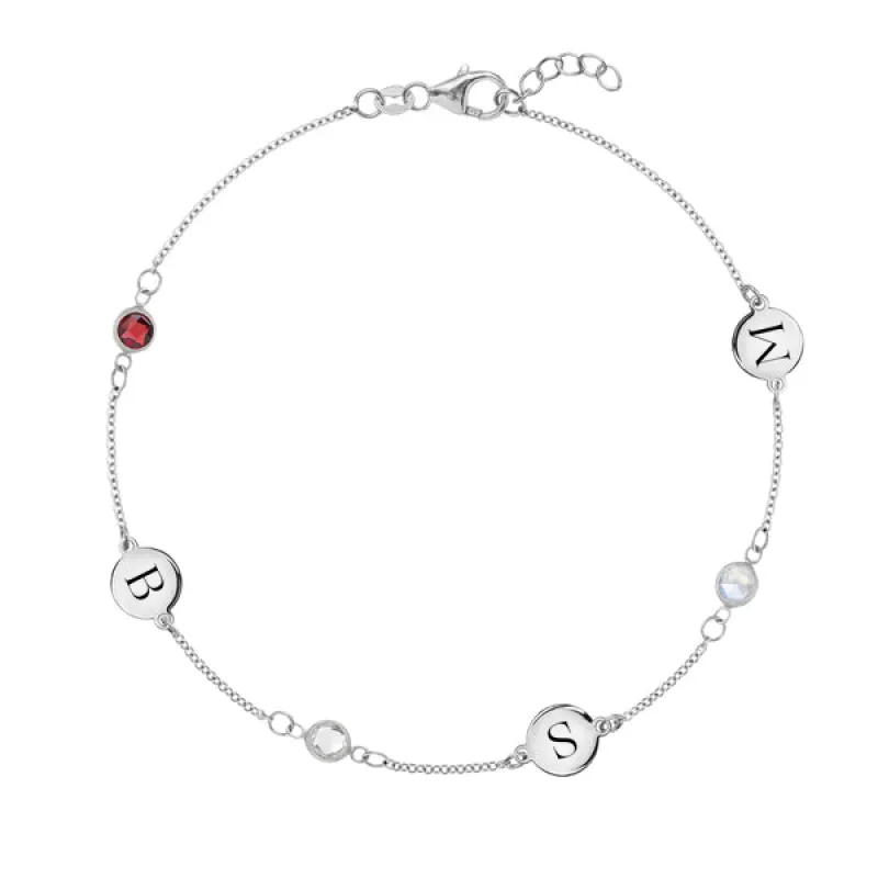 Personalized Classic 3 Letter & 3 Birthstone Bracelet in 14k Gold sold by Haverhill