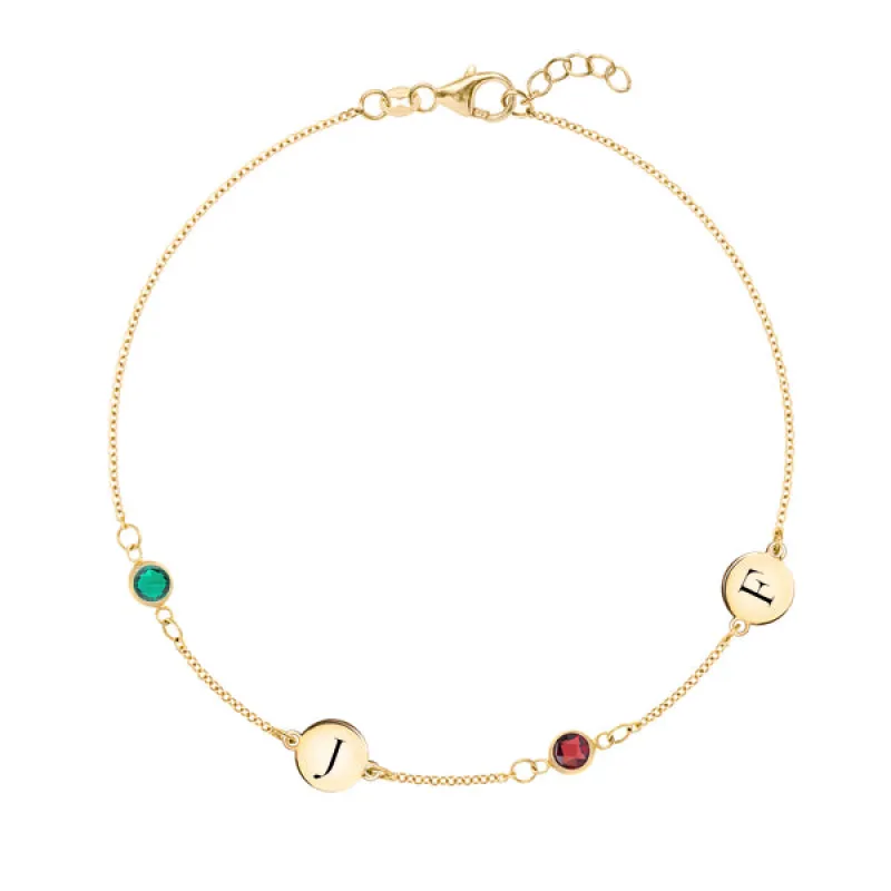 Personalized Classic 2 Letter & 2 Birthstone Bracelet in 14k Gold sold by Haverhill