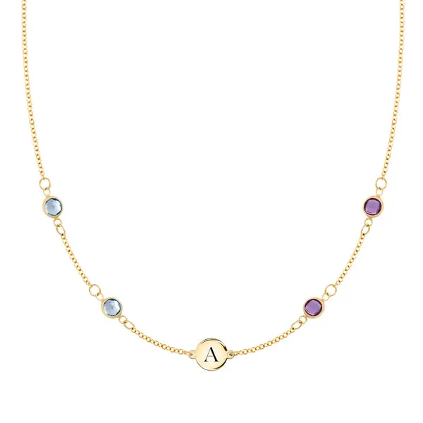 Personalized Classic 1 Letter & 4 Birthstone Necklace in 14k Gold (Double Spacing) sold by Haverhill
