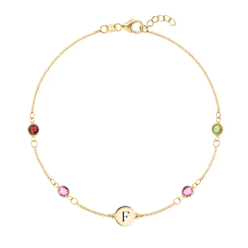 Personalized Classic 1 Letter & 4 Birthstone Bracelet in 14k Gold sold by Haverhill