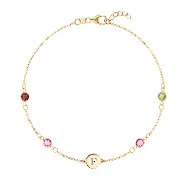 Personalized Classic 1 Letter & 4 Birthstone Bracelet in 14k Gold sold by Haverhill