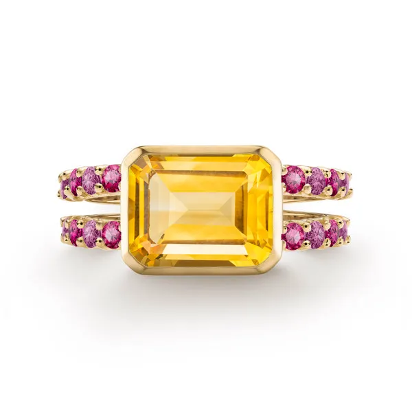 Personalized Warren Horizontal Birthstone Ring with Accent Stones in 14k Gold sold by Haverhill