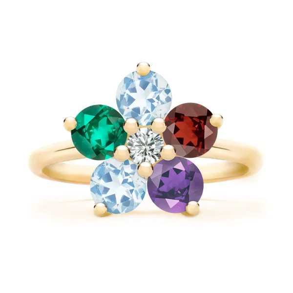 Personalized Greenwich Flower Birthstone & Diamond Ring in 14k Gold sold by Haverhill