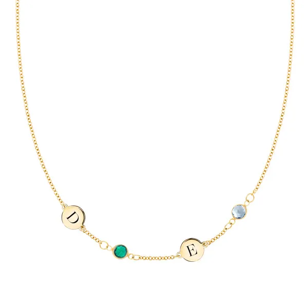 Personalized Classic 2 Letter & 2 Birthstone Necklace in 14k Gold (Single Spacing) sold by Haverhill