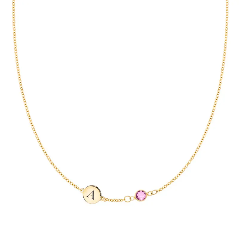 Personalized Classic 1 Letter & 1 Birthstone Necklace in 14k Gold (Single Spacing) sold by Haverhill
