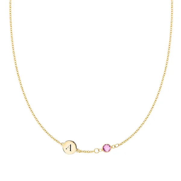 Personalized Classic 1 Letter & 1 Birthstone Necklace in 14k Gold (Single Spacing) sold by Haverhill