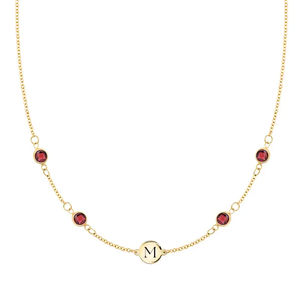 Personalized Classic 1 Letter & 4 Garnet Necklace in 14k Gold (January) sold by Haverhill
