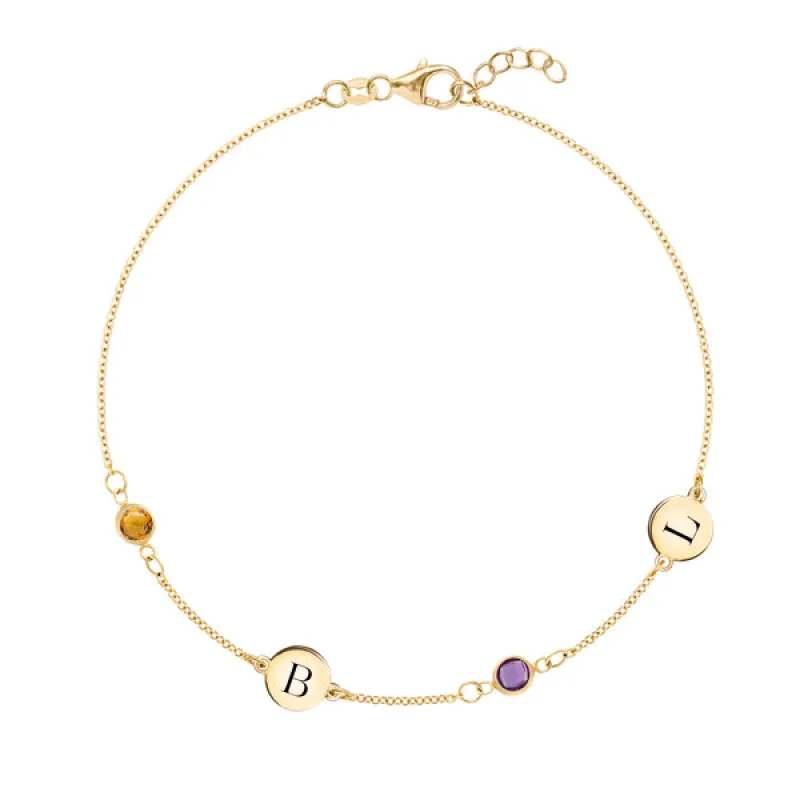 Personalized Classic 2 Letter & 2 Birthstone Bracelet in 14k Gold sold by Haverhill