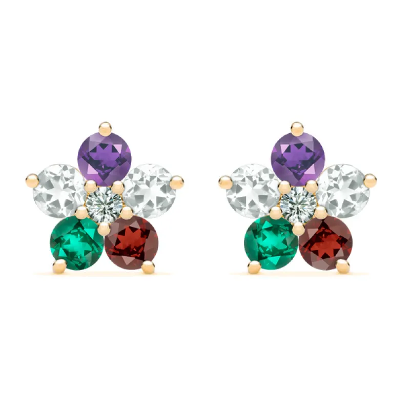Personalized Greenwich Flower Birthstone & Diamond Earrings in 14k Gold sold by Haverhill