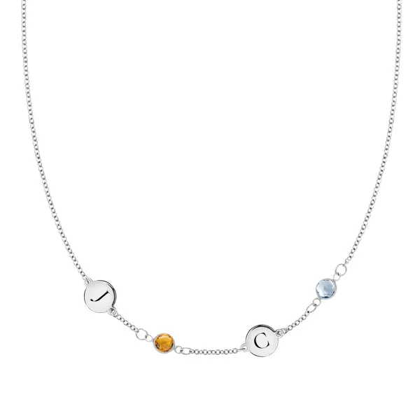 Personalized Classic 2 Letter & 2 Birthstone Necklace in 14k Gold (Single Spacing) sold by Haverhill