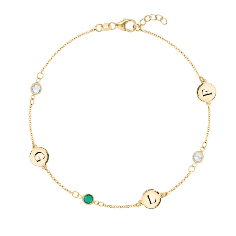 Personalized Classic 3 Letter & 3 Birthstone Bracelet in 14k Gold sold by Haverhill