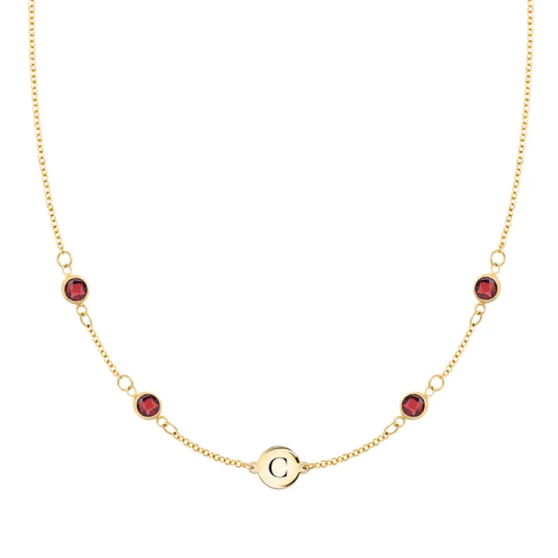 Personalized Classic 1 Letter & 4 Garnet Necklace in 14k Gold (January) sold by Haverhill