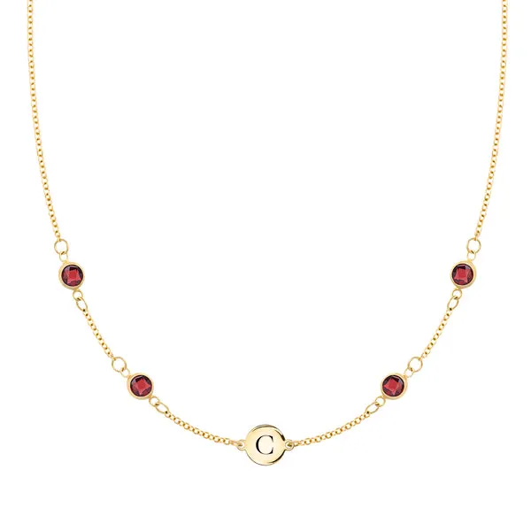 Personalized Classic 1 Letter & 4 Garnet Necklace in 14k Gold (January) sold by Haverhill
