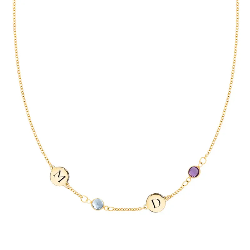 Personalized Classic 2 Letter & 2 Birthstone Necklace in 14k Gold (Single Spacing) sold by Haverhill