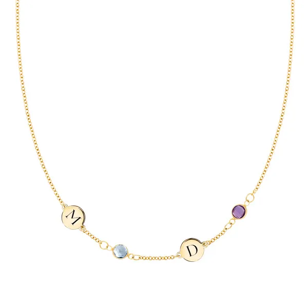 Personalized Classic 2 Letter & 2 Birthstone Necklace in 14k Gold (Single Spacing) sold by Haverhill