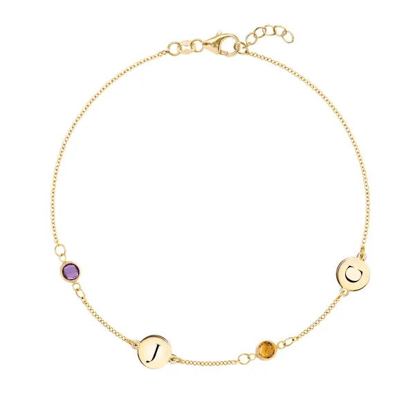 Personalized Classic 2 Letter & 2 Birthstone Bracelet in 14k Gold sold by Haverhill
