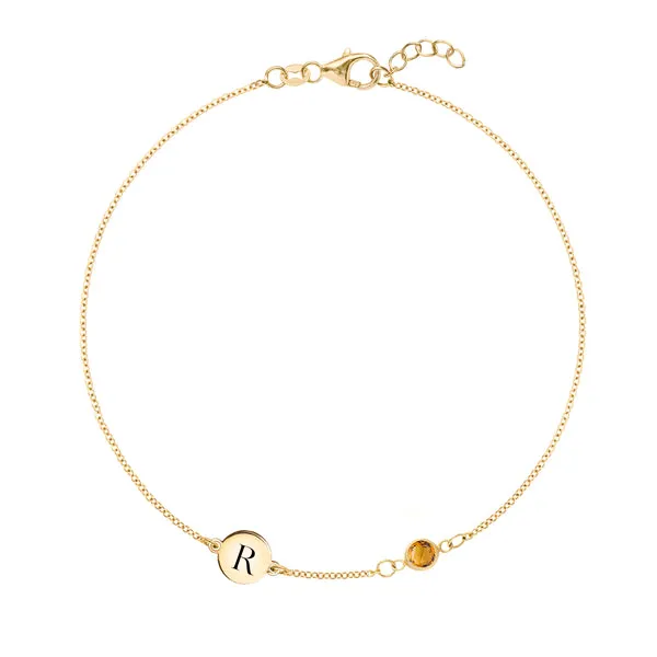 Personalized Classic 1 Letter & 1 Citrine Bracelet in 14k Gold (November) sold by Haverhill